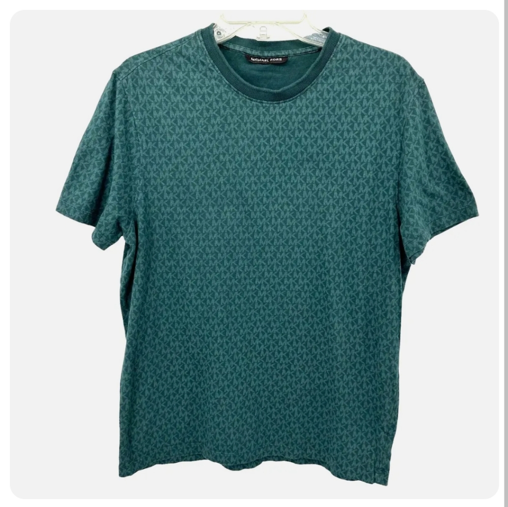 Michael Kors Womens T Shirt All Over Print Green Size Medium Cotton Logo